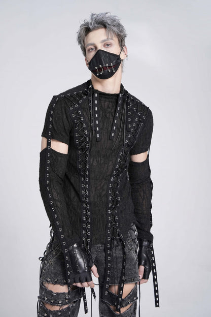 Ebony Long-Sleeve Strap Lace-Up Irregular Sheer Men's Punk Tee