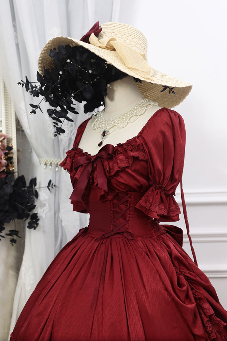 Crimson Vintage Lolita Dress with Puff Sleeves and Layered Ruffles
