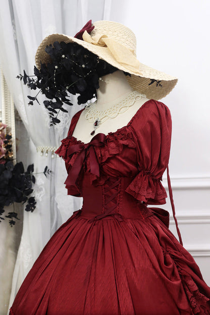 Crimson Vintage Lolita Dress with Puff Sleeves and Layered Ruffles