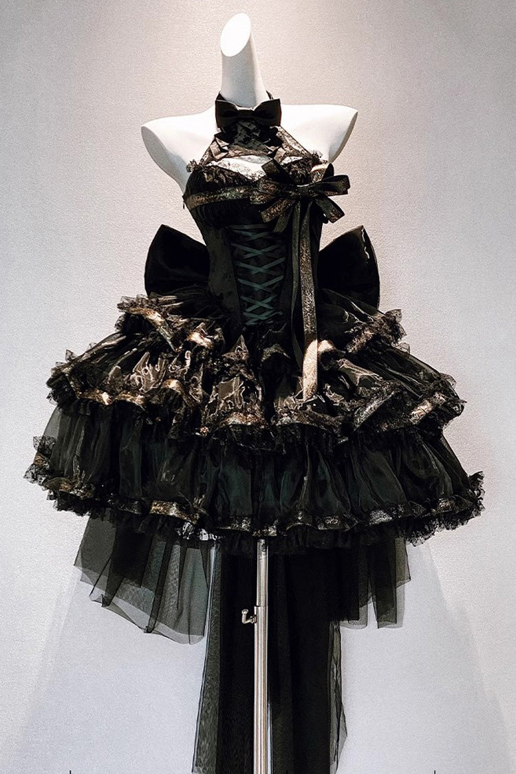 Gothic Princess Dress with Halterneck and Triple Ruffle Lace in Black