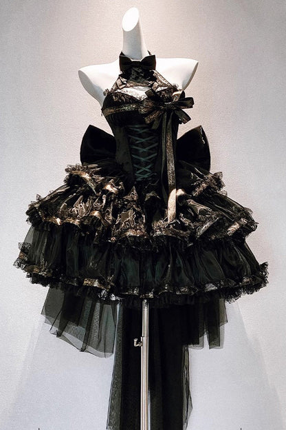 Gothic Princess Dress with Halterneck and Triple Ruffle Lace in Black