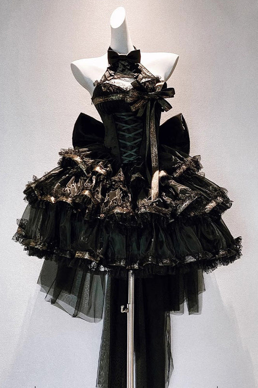 Gothic Princess Dress with Halterneck and Triple Ruffle Lace in Black