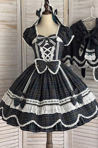 Emerald Gingham Petal Bunny Short-Sleeve Ruffled Bow OP Dress