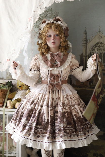 Teddy Bear Party Round Collar Printed Sweet Lolita Dress - Ruffled Bow