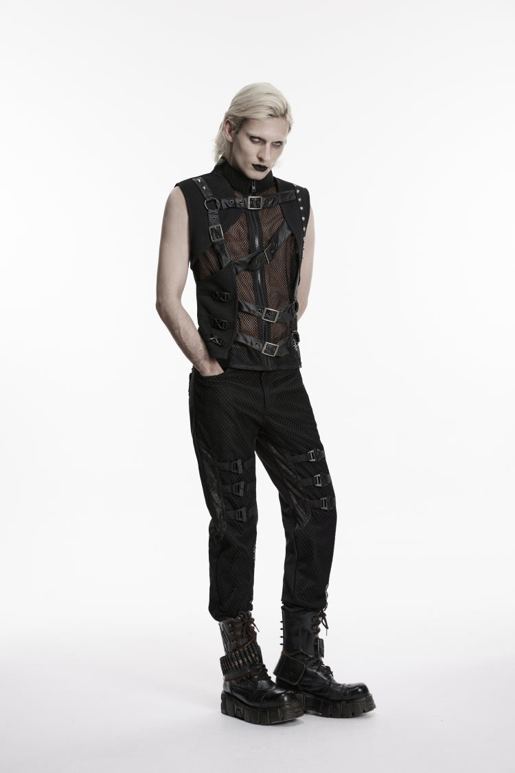 Cool Men's Black Punk Vest, Asymmetric with Studs and Buckles