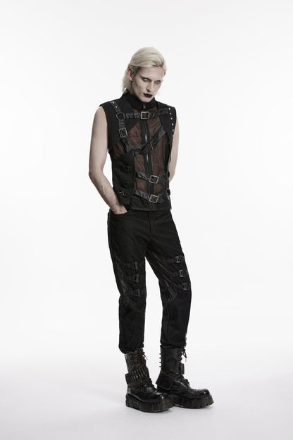 Cool Men's Black Punk Vest, Asymmetric with Studs and Buckles