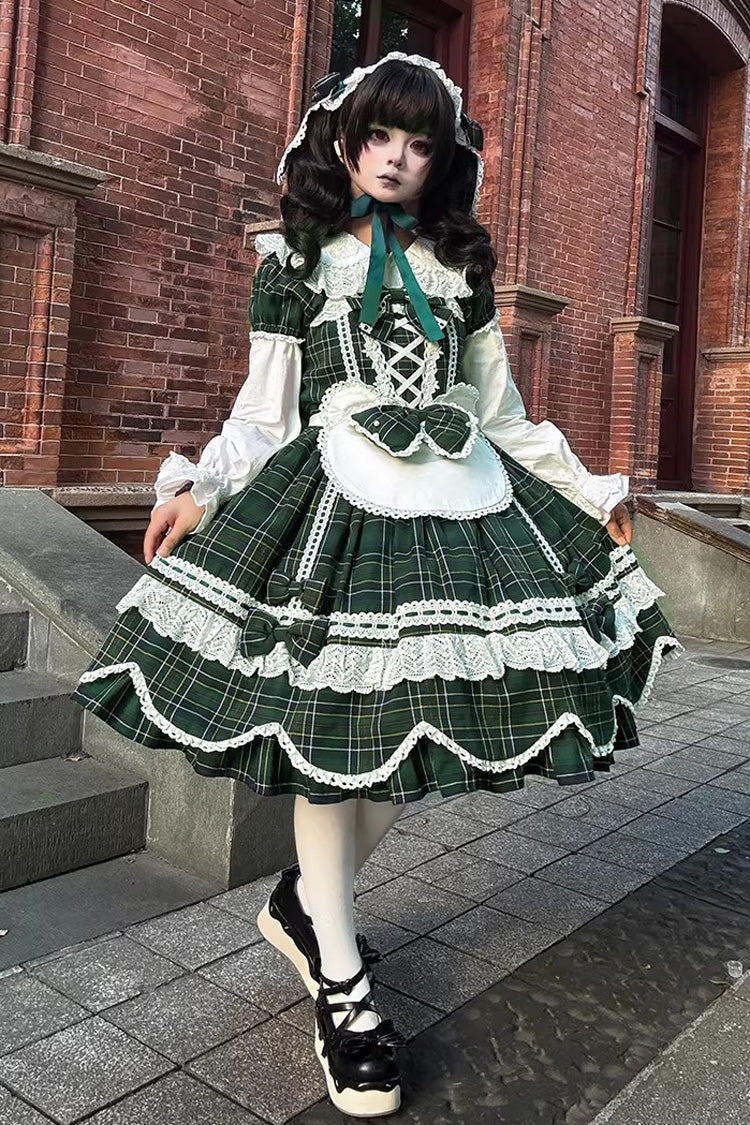 Emerald Gingham Petal Bunny Short-Sleeve Ruffled Bow OP Dress
