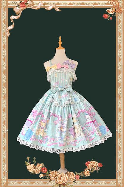 Emerald Macaron House Square-Collar Sleeveless Bow Printed JSK