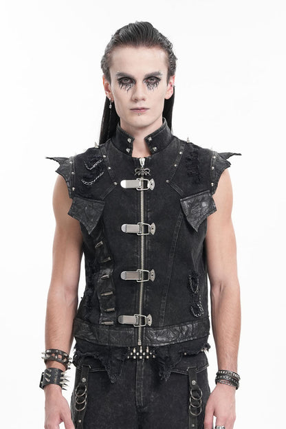 Men's Black Gothic Vest, Sleeveless with Rivets and Chain Rings