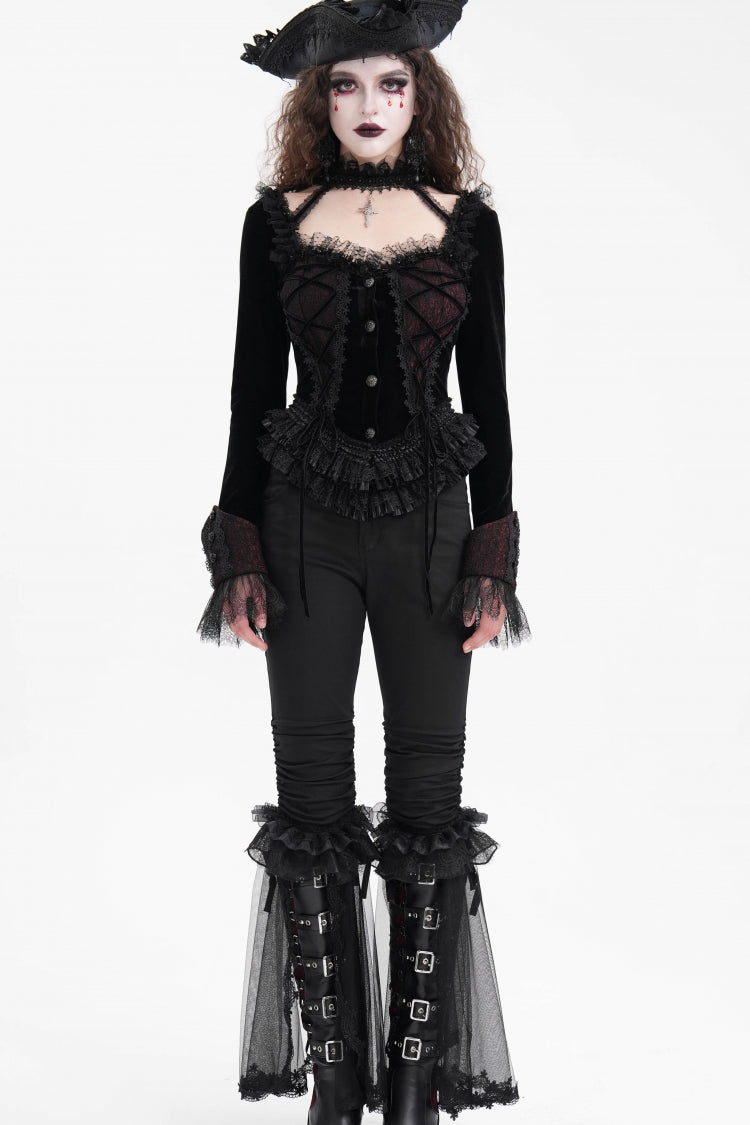 Mesh Gothic Blouse with Lace-Up Ruffles for Women