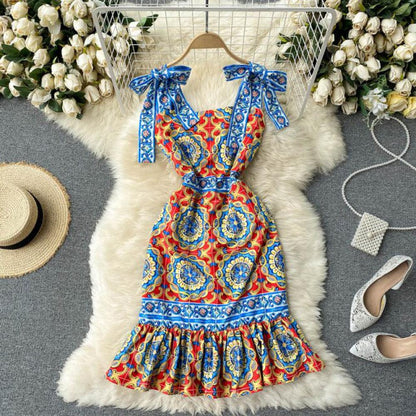 Retro Blue Square Neck Contrast Color Print Bow Decor Strap Ruffled Hem Dress AR1024