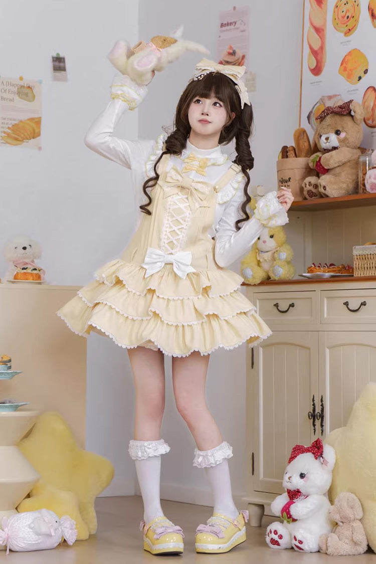 Vintage Cream Puff Sleeveless Triple Ruffle Bow Lace-Up Tiered JSK