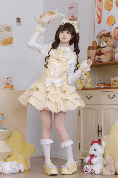 Vintage Cream Puff Sleeveless Triple Ruffle Bow Lace-Up Tiered JSK