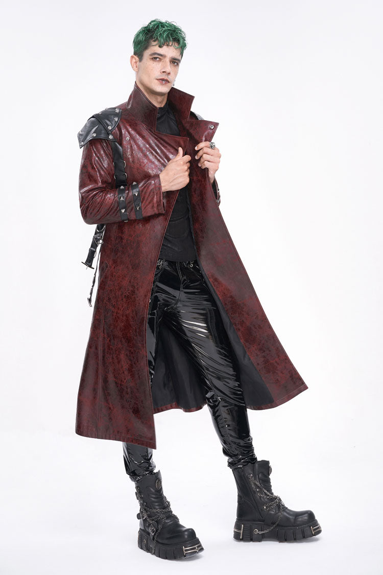 Crimson High-Neck Punk Leather-Look Long Coat with Multiple Buckles