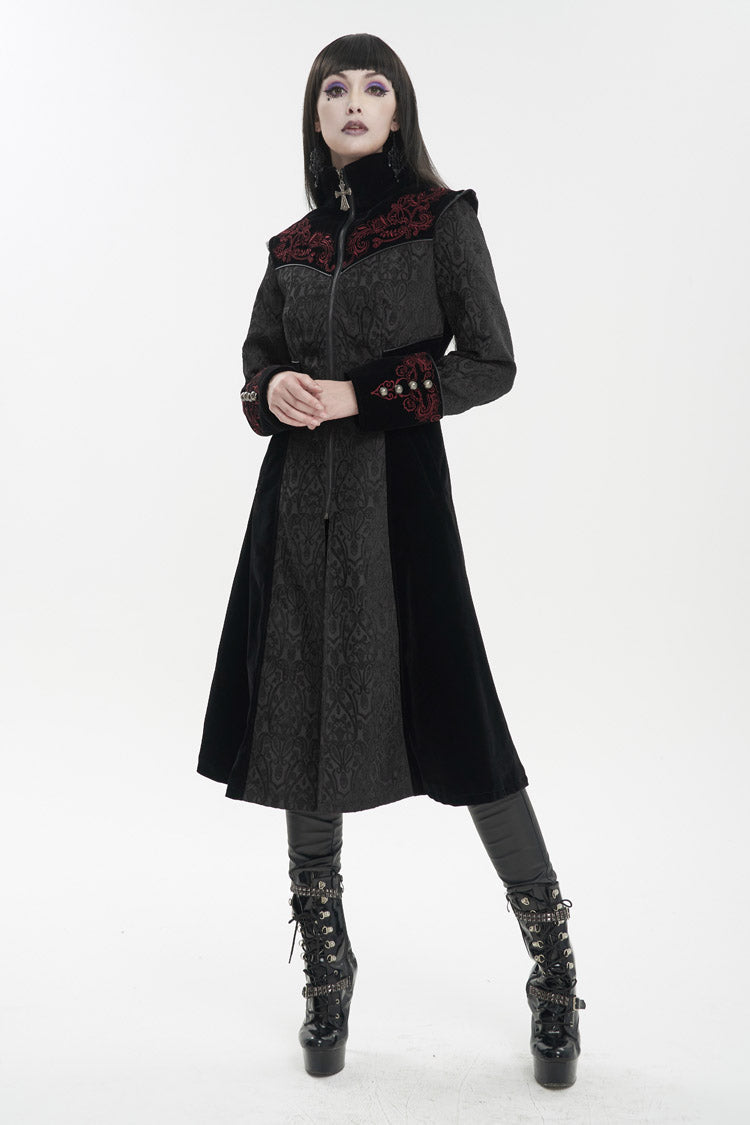 Embroidered Metal Cross Mushroom Buckle Studded Gothic Women's Coat in Black Jacquard
