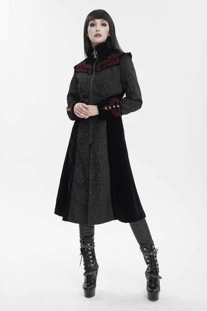 Embroidered Metal Cross Mushroom Buckle Studded Gothic Women's Coat in Black Jacquard