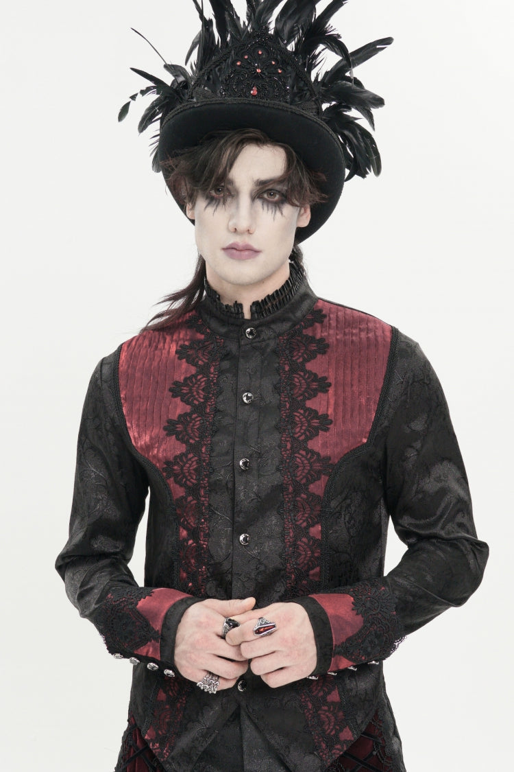 Crimson High-Neck Gothic Palace Shirt with Jacquard and Bow Accents