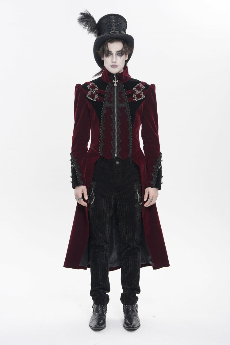Crimson High-Neck Gothic Palace Jacket with Color Block and Embroidery