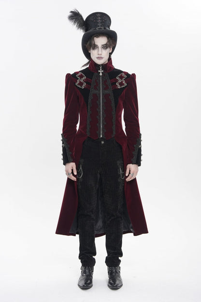 Crimson High-Neck Gothic Palace Jacket with Color Block and Embroidery