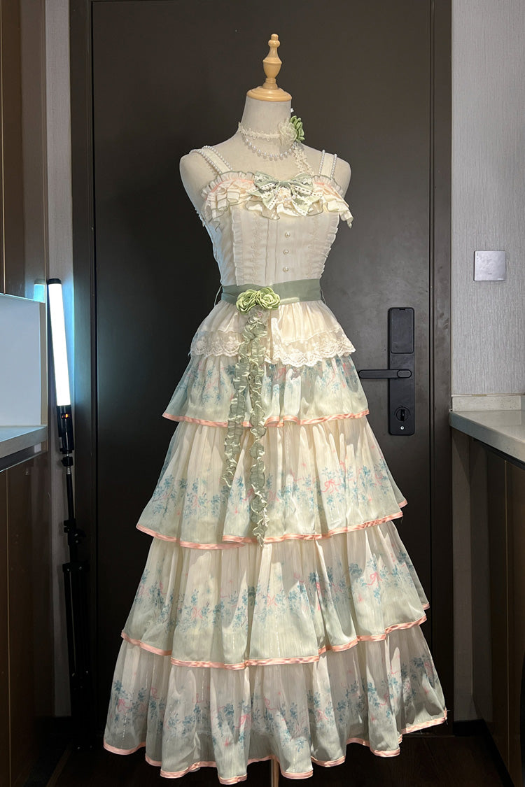 Emerald Lilac Thoughts Gradient Layered Ruffle Bow Lace Dress Set