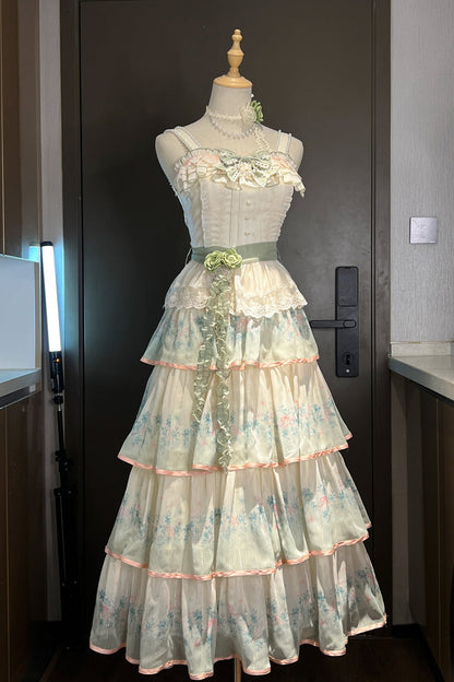 Emerald Lilac Thoughts Gradient Layered Ruffle Bow Lace Dress Set