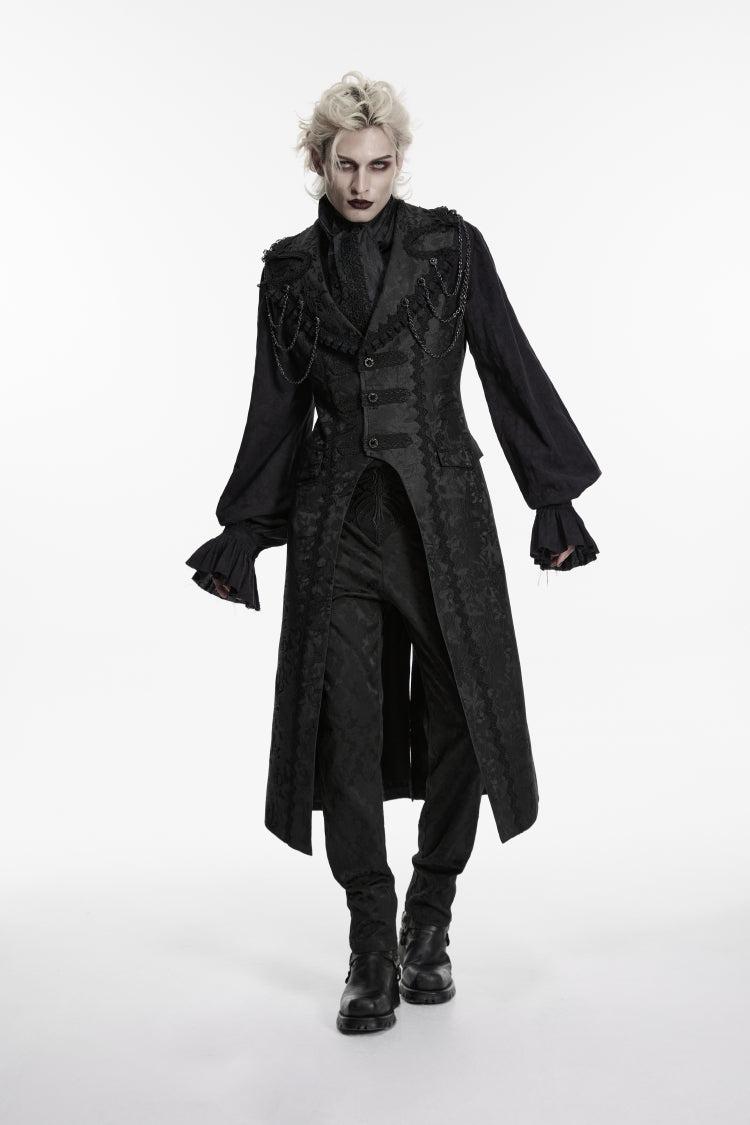Gothic Long Vest for Men with Black Jacquard and Chain Decoration