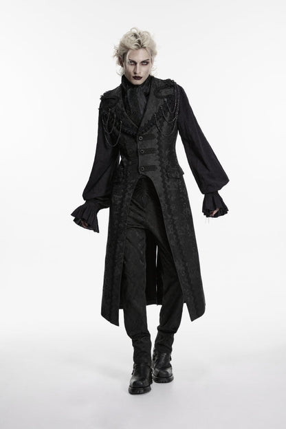 Gothic Long Vest for Men with Black Jacquard and Chain Decoration