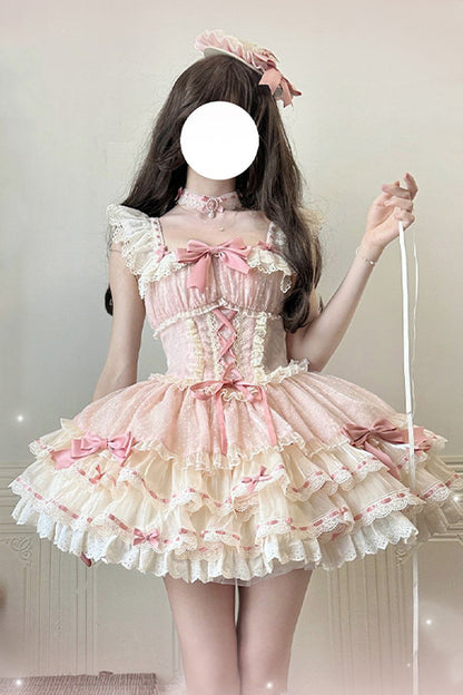Blush Double-Layered Ruffle Bow Lace-Up Ballerina JSK - Flory Butterfly