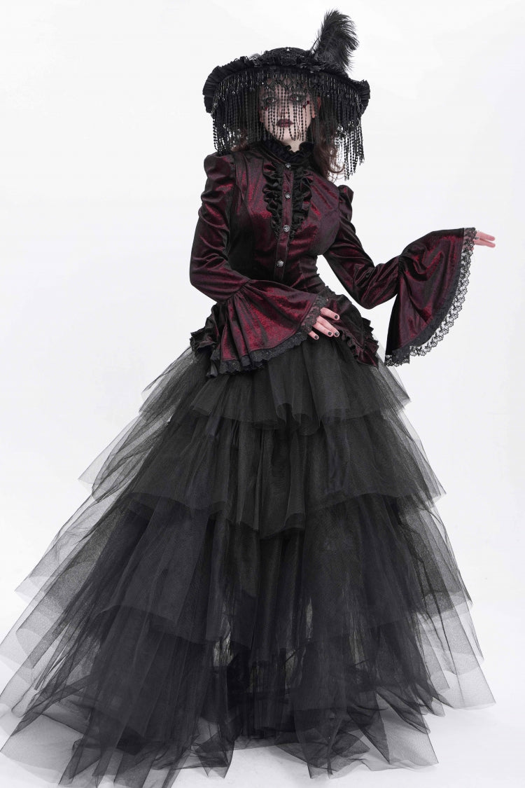 Crimson High-Neck Gothic Ruffled Blouse with Flared Sleeves and Tail Hem
