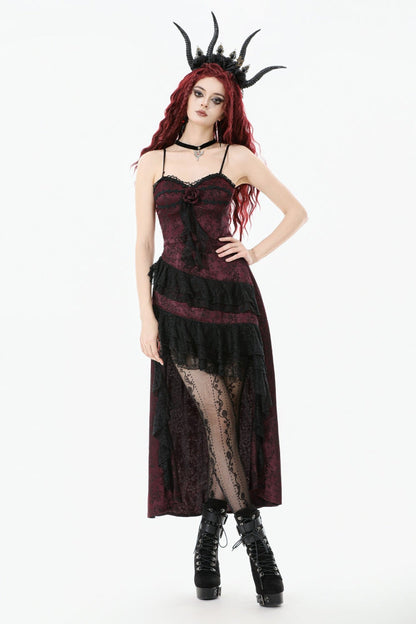 Crimson & Charcoal Rose Layered Tulle Ruffled Goth Evening Gown