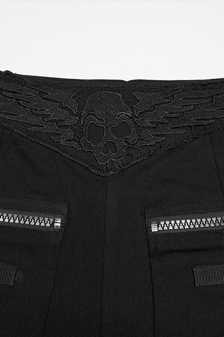 Zippered Skull Embroidered Big Pocket Punk Skirt for Women