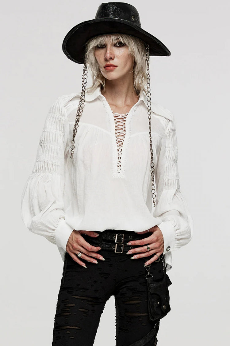 Women's Turn-Down Collar Long Sleeve Lace Ruched Gothic Blouse Two Tones