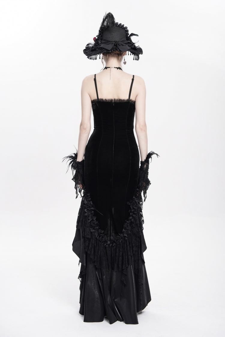 No-Sleeve Ruffled Floral Embroidered Chain Gothic Long Slip Dress