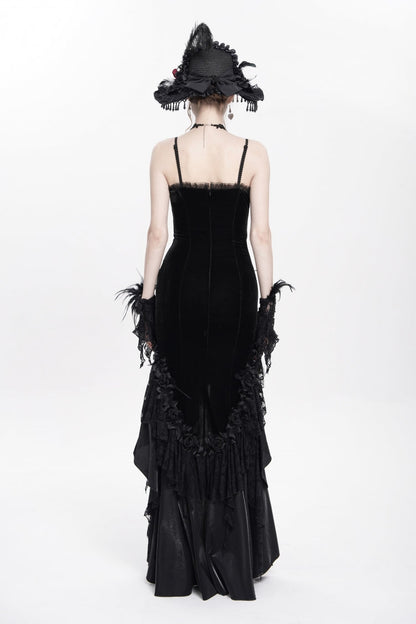 No-Sleeve Ruffled Floral Embroidered Chain Gothic Long Slip Dress