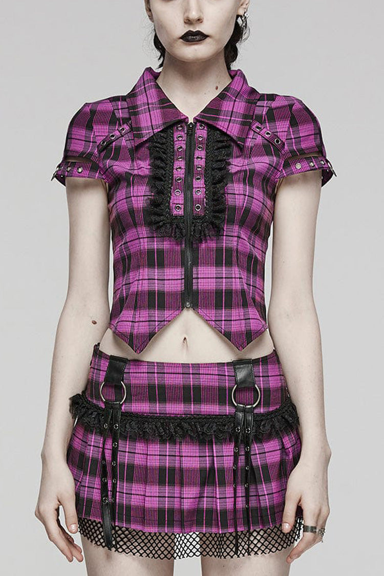 Steampunk Hollow-Lace Plaid Blouse with Short Sleeves in Two Shades - VictorianRose