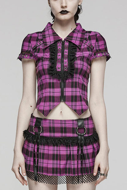 Steampunk Hollow-Lace Plaid Blouse with Short Sleeves in Two Shades - VictorianRose