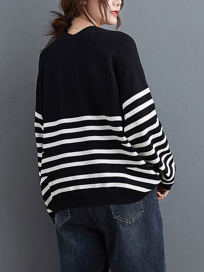 Casual Loose Black V-Neck Contrast Color Striped Long Sleeve Knit Sweater AN1035