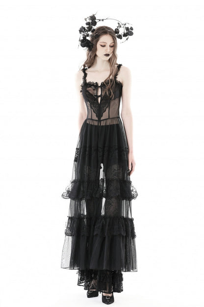 No-Sleeve Layered Lace Sheer Mesh Gothic Slip Gown