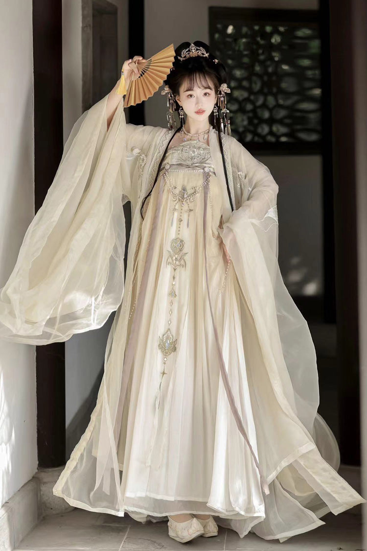 Embroidered Pearl Chain Tang-Style Hanfu Hezi Gown Set with Long Sleeves, Cream