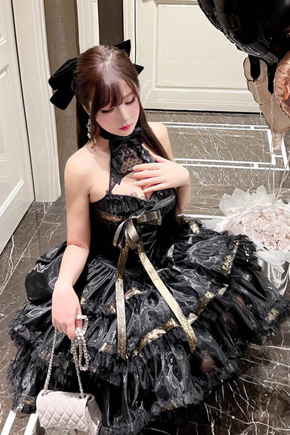 Gothic Princess Dress with Halterneck and Triple Ruffle Lace in Black
