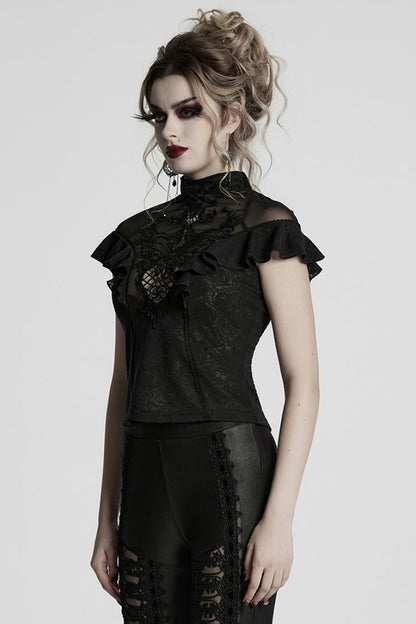 Ruffle Sheer Lace Gothic Blouse with Embroidery for Women