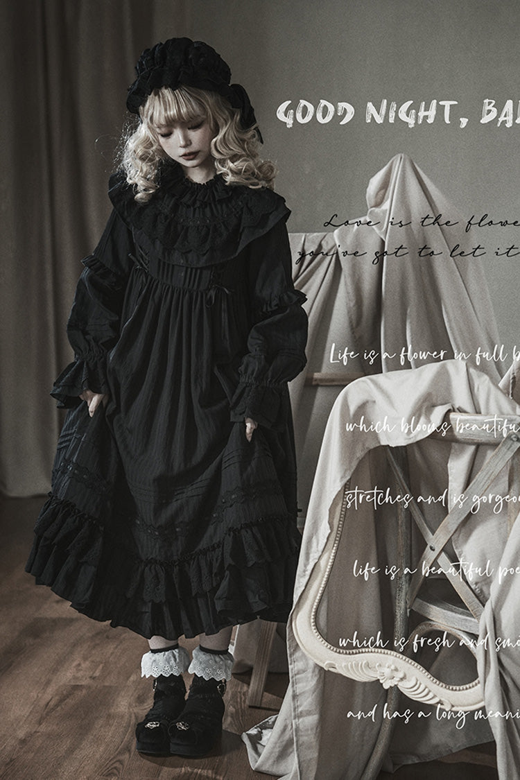 Ebony Long-Sleeve Double-Layered Bow Lace-Up Sacred Gown - Good Night