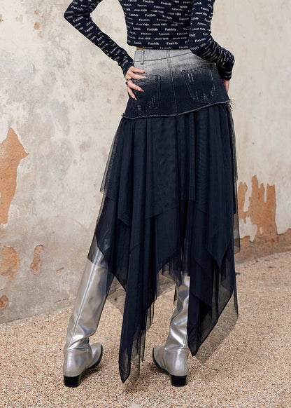 Stylish Black Asymmetrical Tulle Patchwork Denim Skirt Spring TT1008