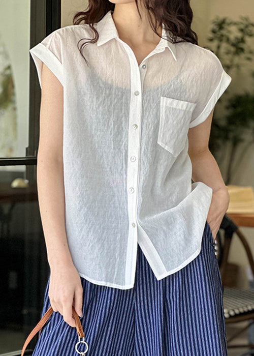 White Pockets Silk Cotton Blouses Peter Pan Collar Short Sleeve AF1003