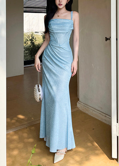 Strap Dinner Spaghetti Design Original Blue Wrinkled Dress