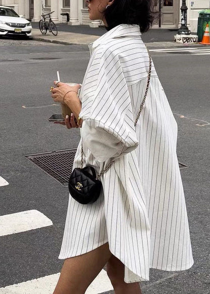 Spring Oversized Shirts Collar Cotton Striped Peter Pan White