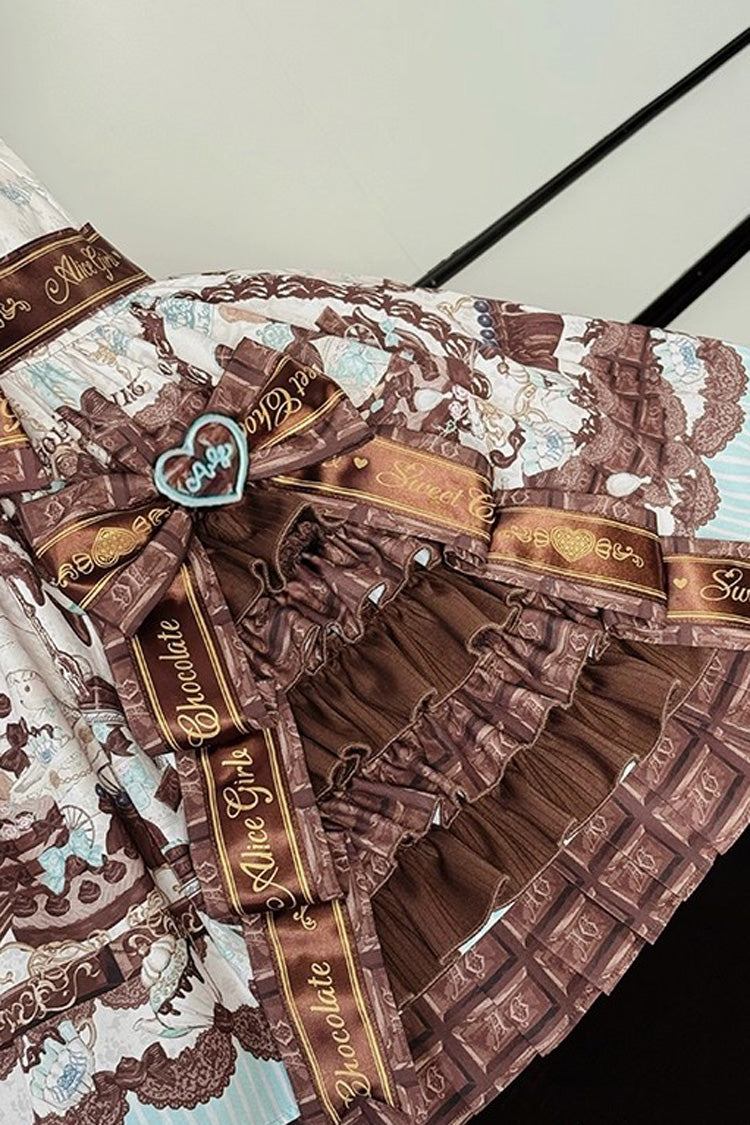 Teddy Bear Chocolate Asymmetric Lolita Strap Dress with Bow - Sleeveless