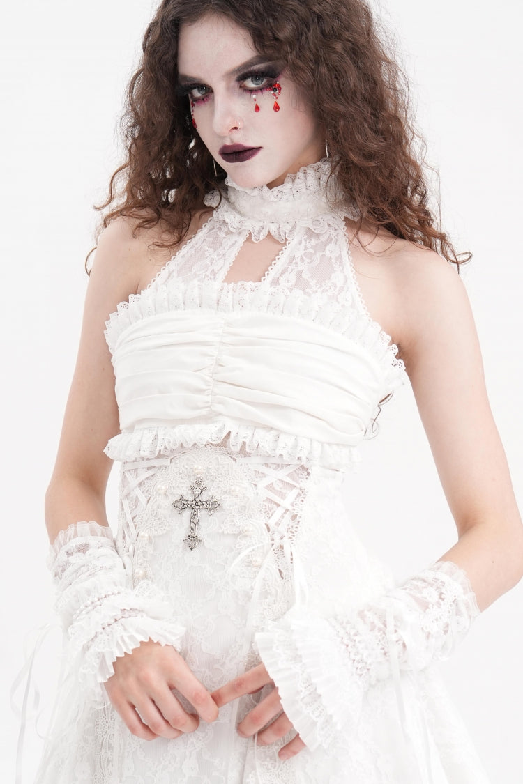 Ivory Bow Lace-Up Mesh Eyelet Gothic Palace Arm Sleeves