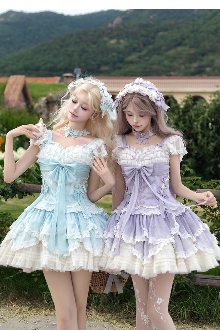 Emerald Short Sleeve Multi-Layer Ruffle Embroidery Bow Lace-Up Sweet Elegant Ballet Lolita Jumper Dress