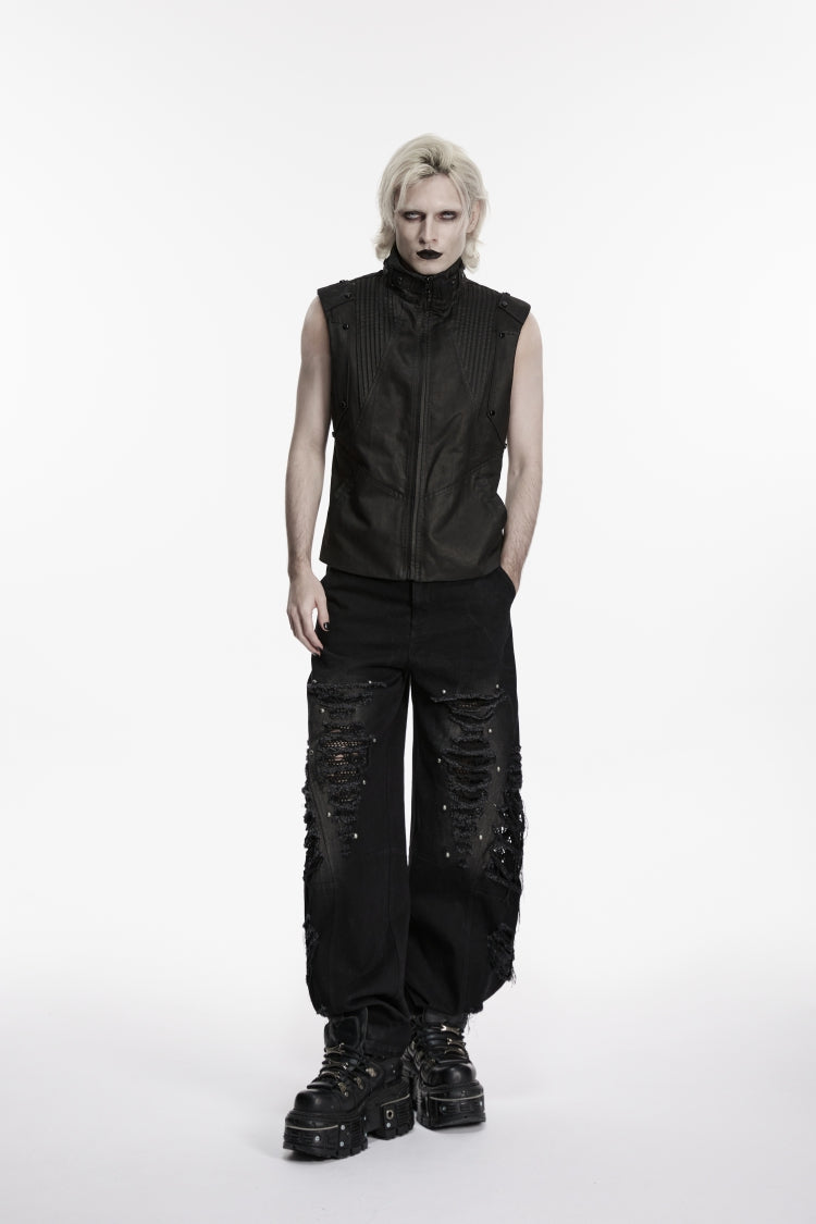 Cool Black Punk Vest for Men, Pleated with Studs and Zippers